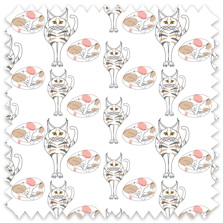 This artwork features a charming, seamless pattern where two feline figures gently come to life through a harmonious blend of form and subtle color. One cat stands tall with a dignified posture, its sleek, striped coat rendered in muted shades of gray, beige, and soft brown, while piercing yellow eyes add a spark of lively contrast. Alongside it, a sleeping cat curls softly, evoking a sense of calm and restfulness that balances the composition. Encircling these forms are delicate, oval frames that cradle minimalist floral motifs—petals and slender branches flowing in soft pastel pinks and warm beige, lending the design a quiet elegance.
